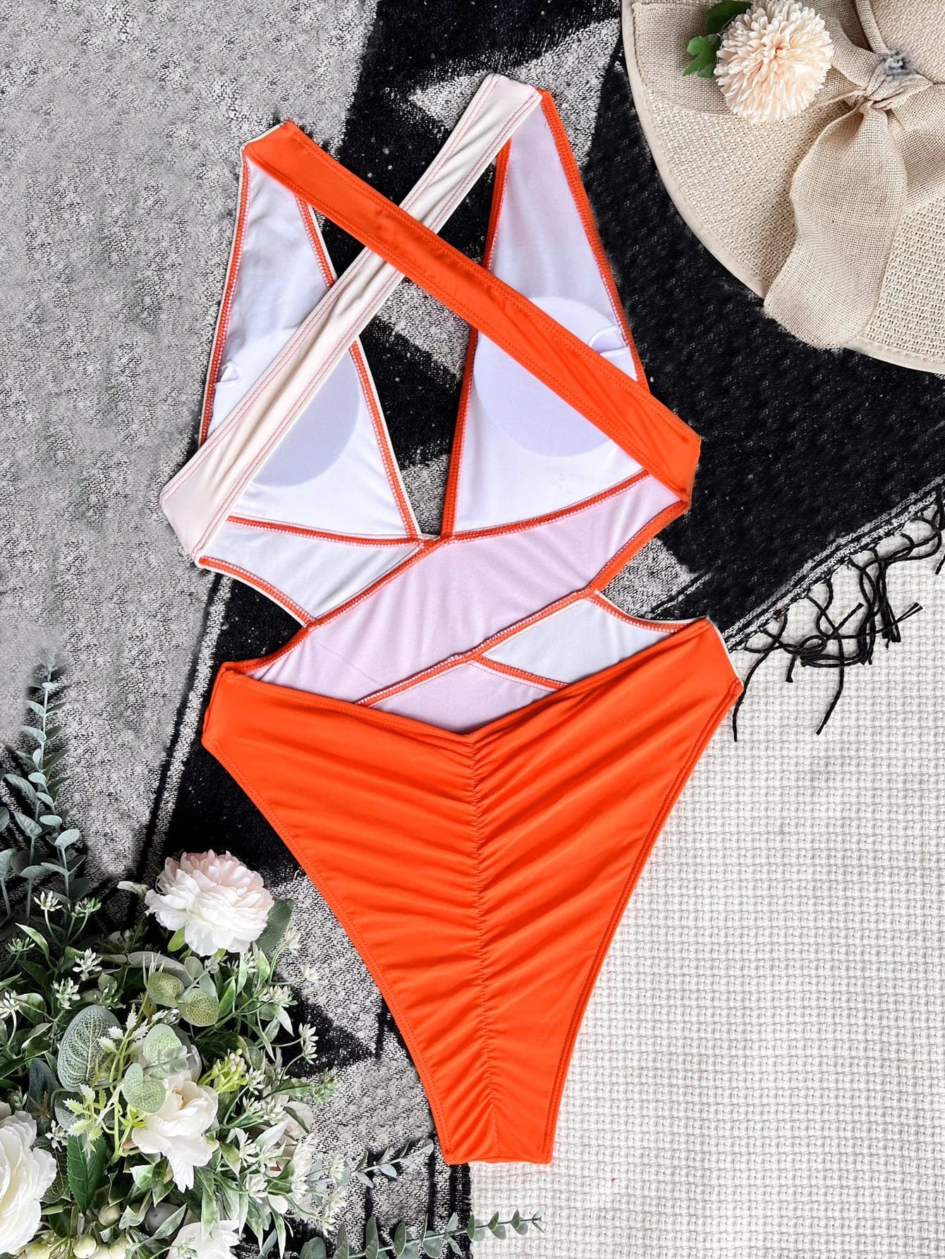 One Piece Swimsuit 2024 Woman Luxury Sexy Deep V Neck Swimwear Orange and White Patchwork Badpak Mide Waist Outfits 6 Colors