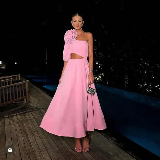 One Shoulder Pink Midi Elegant Womens's Dresses 2024 Party Vacation Streetwear Evening Casual Clothing