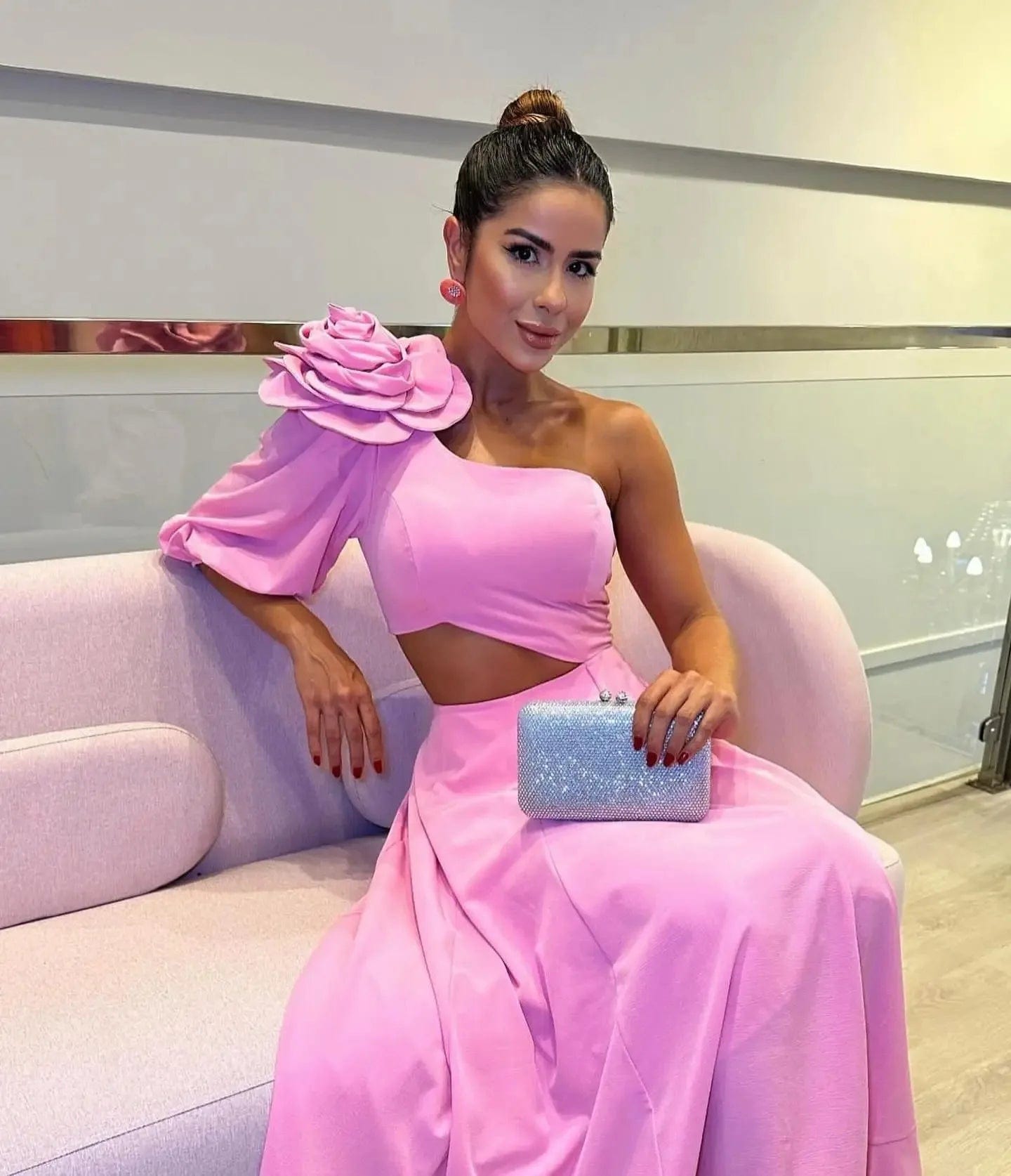 One Shoulder Pink Midi Elegant Womens's Dresses 2024 Party Vacation Streetwear Evening Casual Clothing