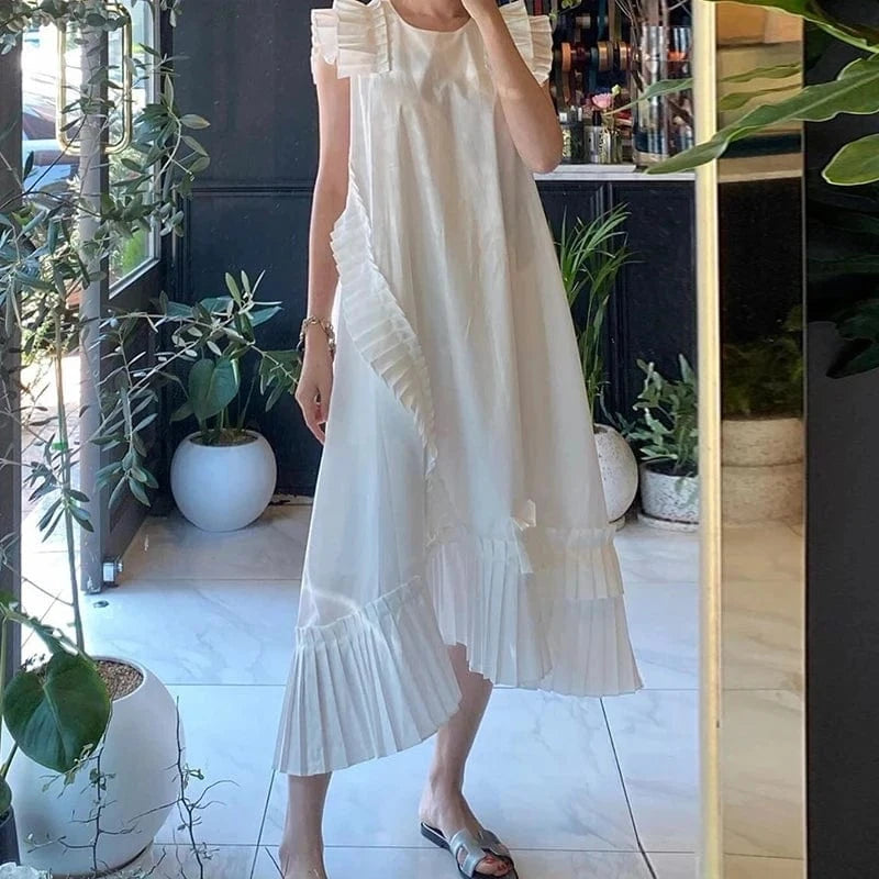 One Size / 1 Korean Style Elegant White Dress Summer New 2024 Round Neck Fashion Ladies Solid Color Casual Irregular Women Clothing