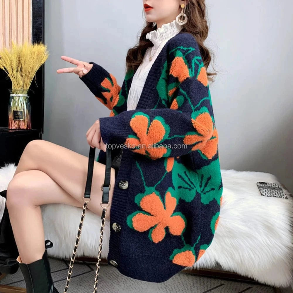 one size / 2 Custom 2022 Autumn Winter New Sorority Europe America Retro Long Style Thickened V Neck Embroidea Casual Womens Cardigan Sweater