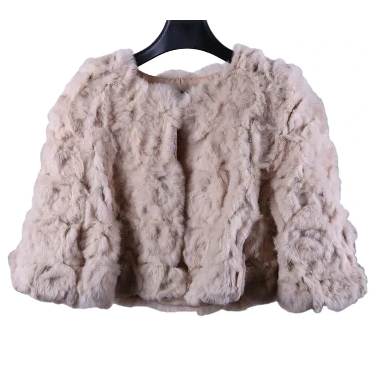 one size / Beige Wholesale New Design Rose Knitted O-Neck Trench Real Rabbit Fur Coats