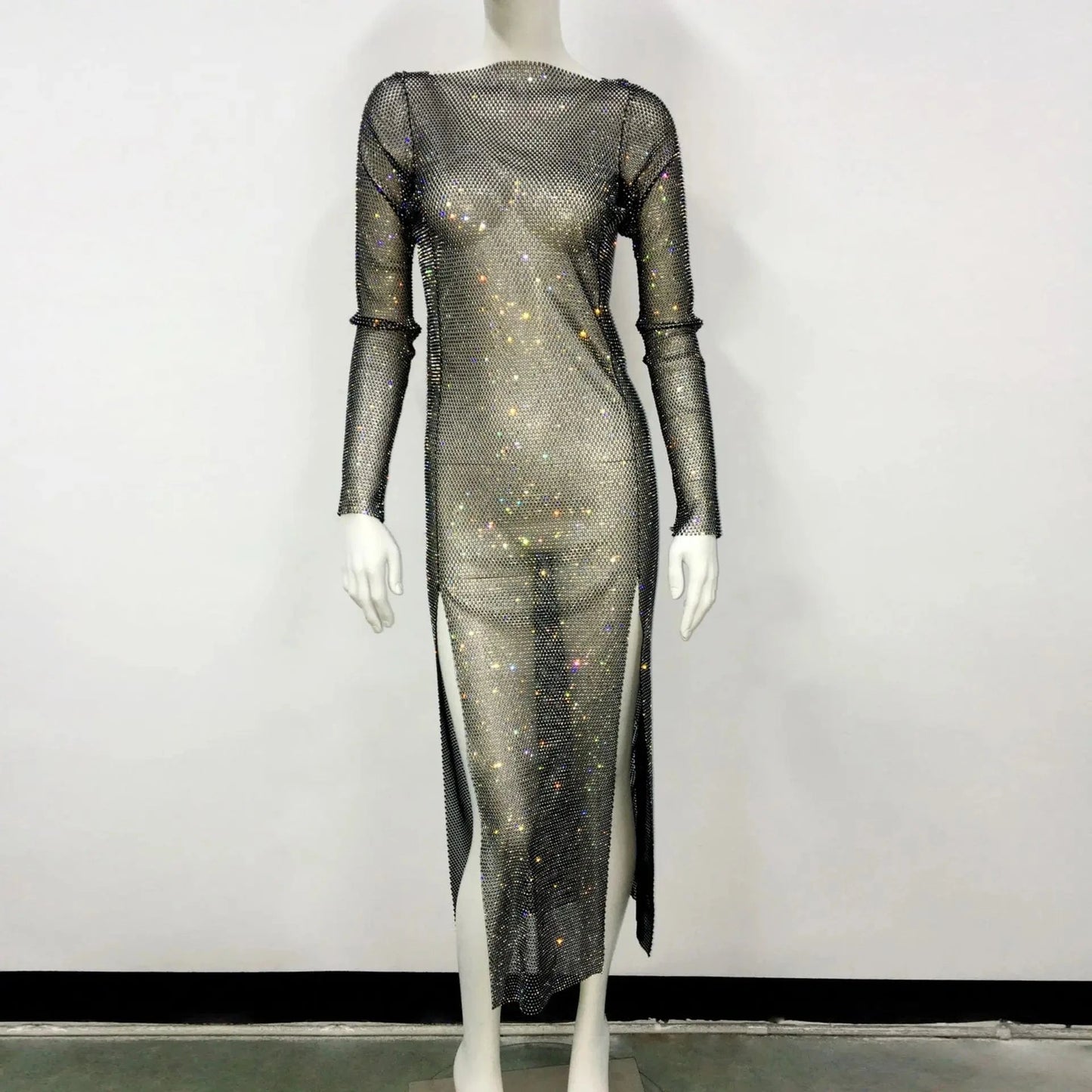 one size / Black 2023 ladies long sleeve black birthday luxury crystal sexy mesh dress rhinestones diamond wedding party midi dresses for women