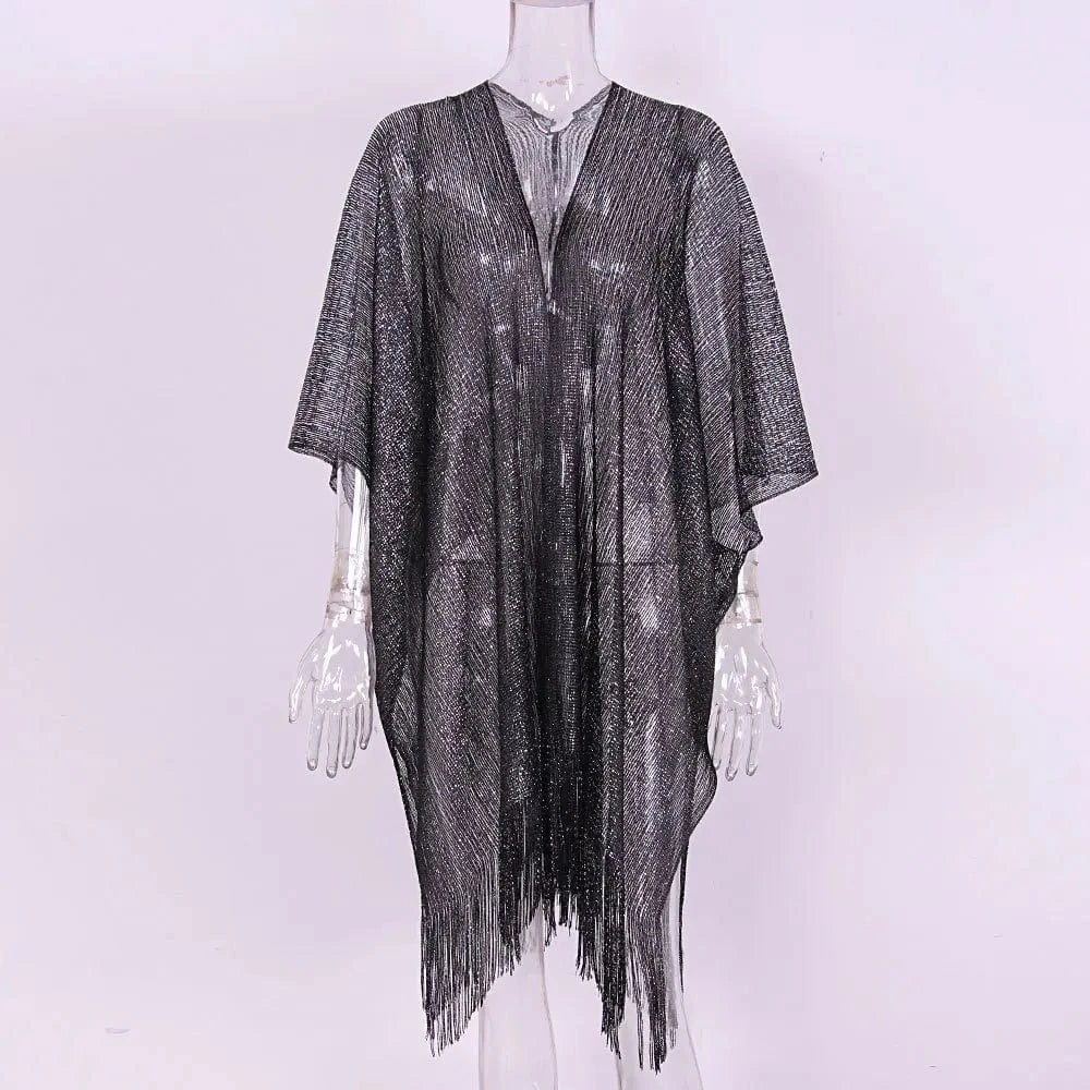 One size / Black RedPeony Beachwear Female Women Cover-ups Beach Dress Sexy Fringe Tassel Mesh Sheer Shiny Knitted Tunic Beach Cover Up