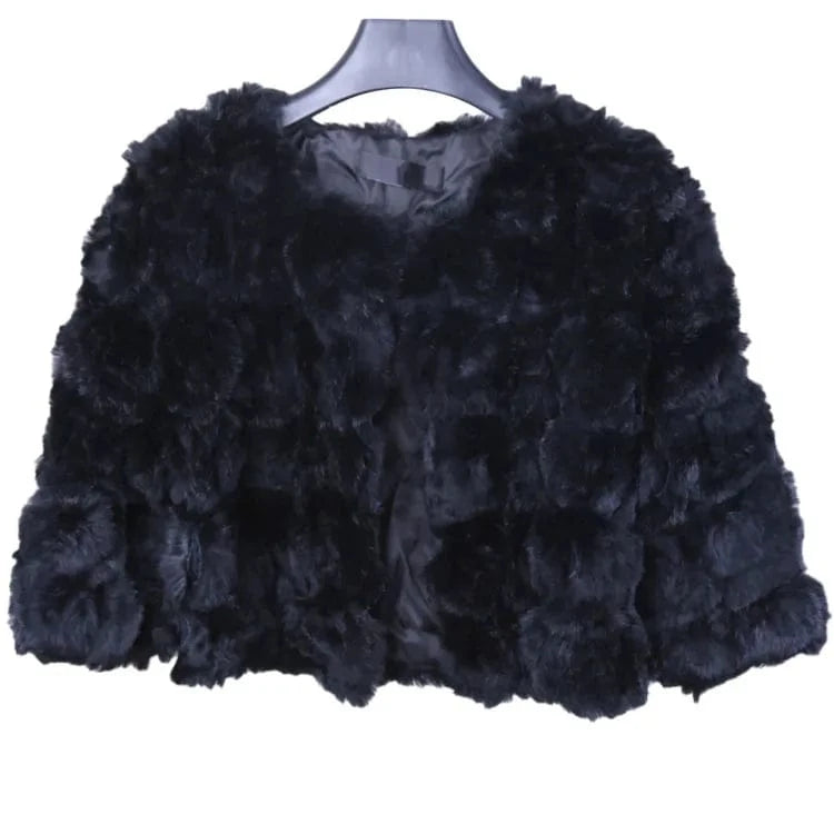 one size / Black Wholesale New Design Rose Knitted O-Neck Trench Real Rabbit Fur Coats