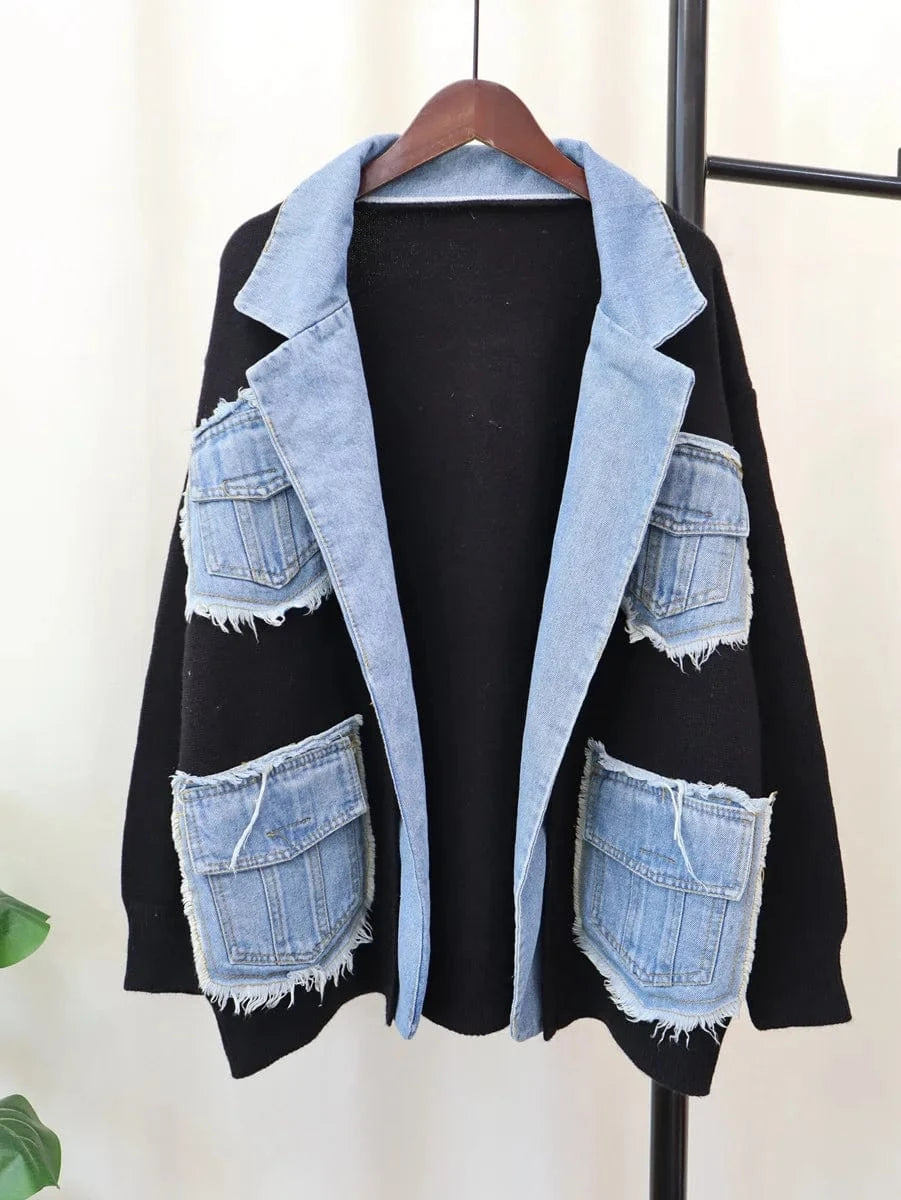 one size / Black ZHEZHE 2024 New Arrivals Ready To Ship Winter Warmly Thick Sweaters Patchwork Denim Jeans Coats
