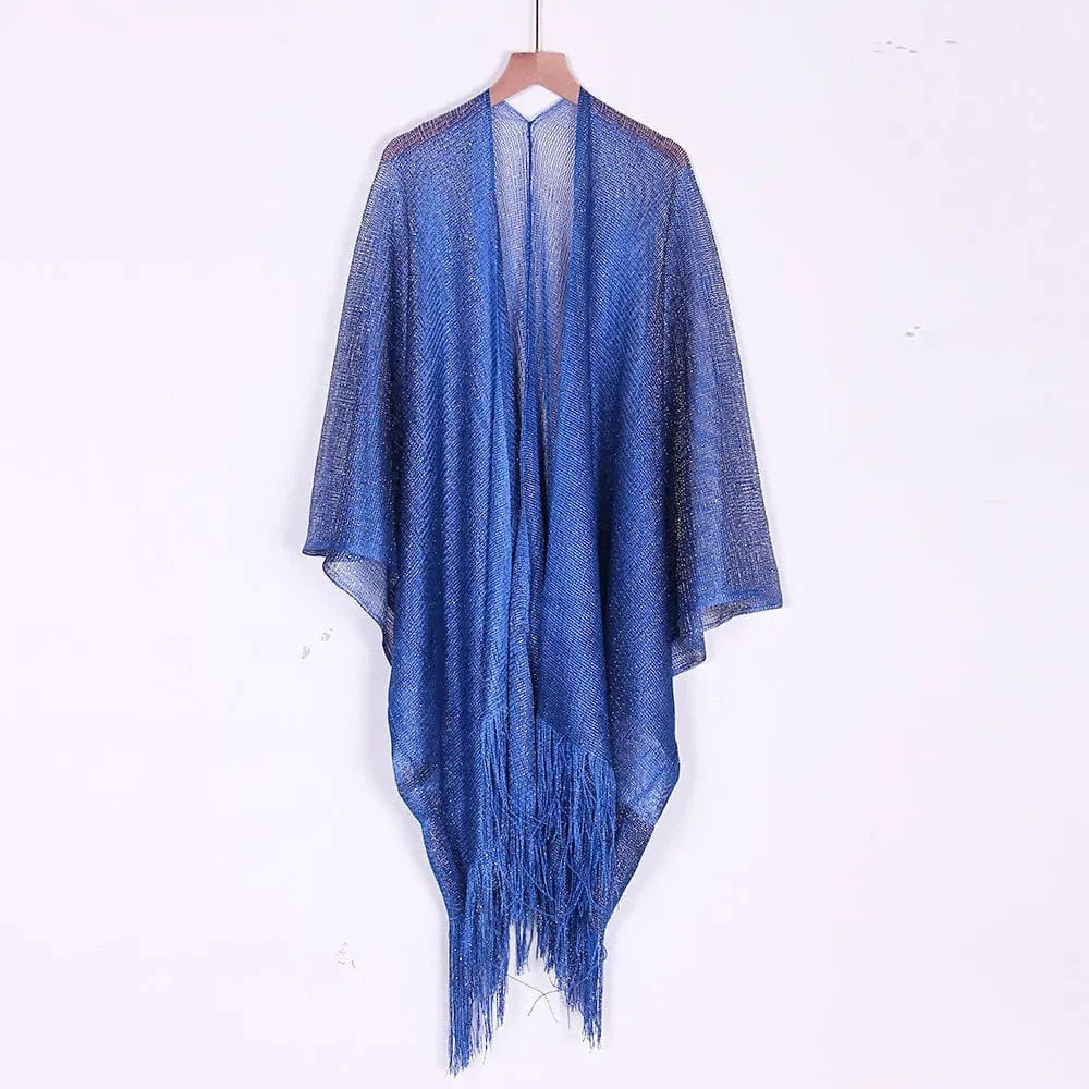 One size / Blue RedPeony Beachwear Female Women Cover-ups Beach Dress Sexy Fringe Tassel Mesh Sheer Shiny Knitted Tunic Beach Cover Up