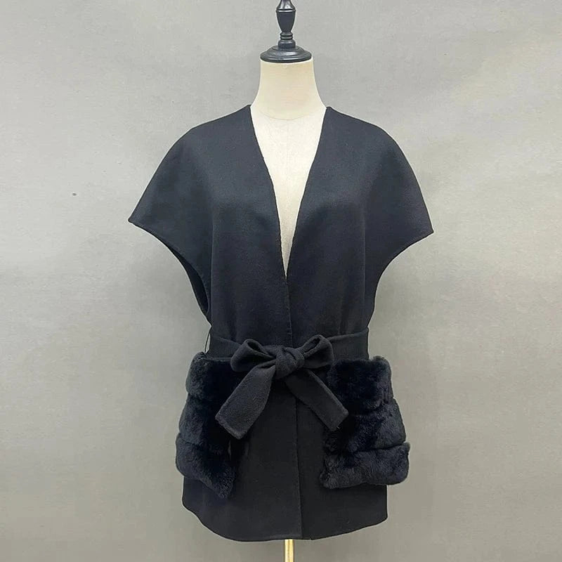 One Size(Bust 114cm) / Black Fox Fur Pocket New Coming Fur Pockets Women 100% Wool Soft Vest Cashmere Waistcoat