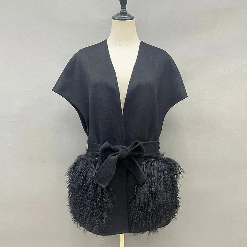 One Size(Bust 114cm) / Black Mongolian Fur Pocket New Coming Fur Pockets Women 100% Wool Soft Vest Cashmere Waistcoat