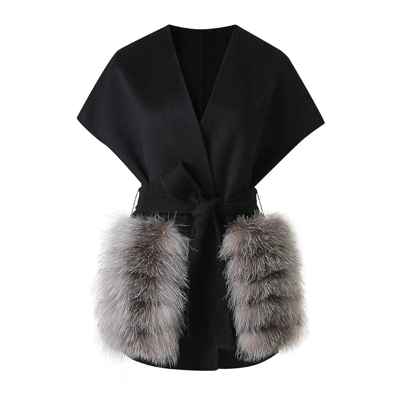 One Size(Bust 114cm) / Black+Siver Fox Fur Pocket New Coming Fur Pockets Women 100% Wool Soft Vest Cashmere Waistcoat