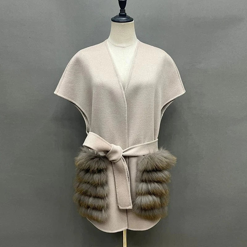 One Size(Bust 114cm) / Sable Color Pocket New Coming Fur Pockets Women 100% Wool Soft Vest Cashmere Waistcoat