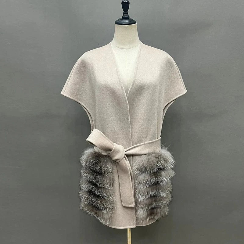 One Size(Bust 114cm) / Siver Fox Fur Pocket New Coming Fur Pockets Women 100% Wool Soft Vest Cashmere Waistcoat