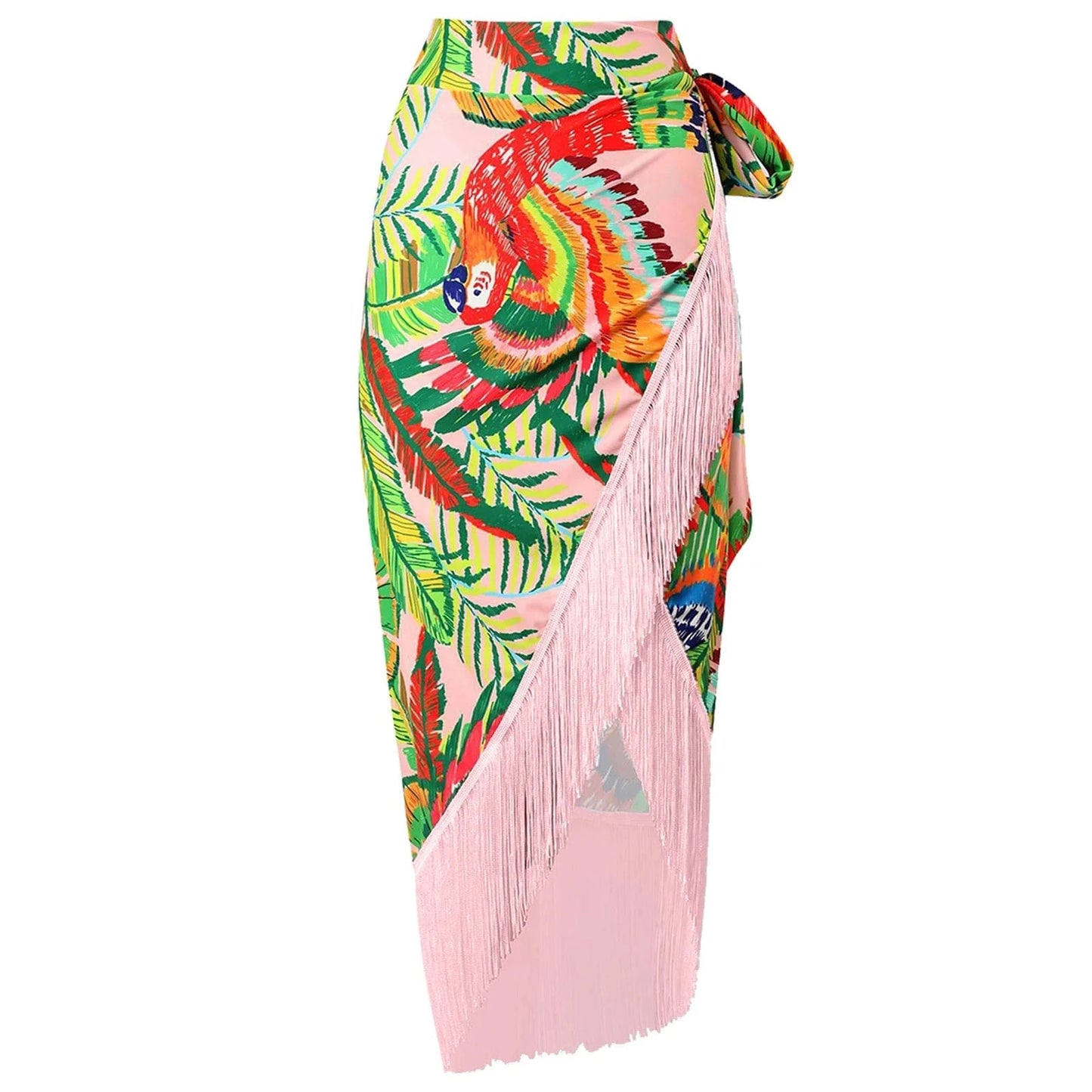 one size / cover up2 JSN 2024 New design bathing suit one shoulder swimwear mandarin duck print pattern high waist bikini with tassel sarong