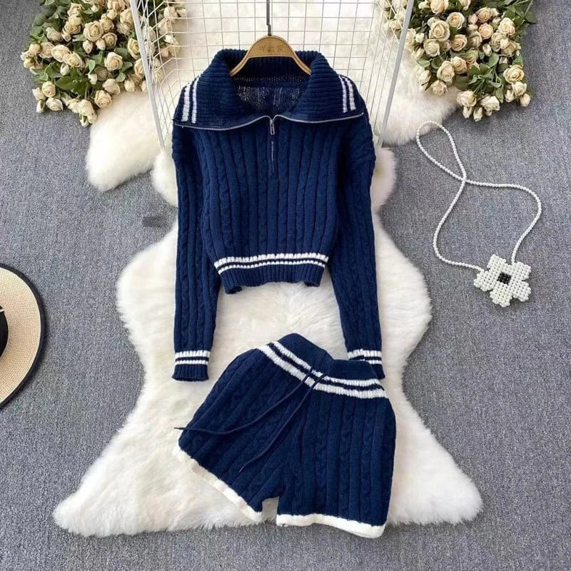 One Size / Dark blue Sweater Vendors Fall Winter 2024 Women Clothing Sweater Outfit 2 Piece Set Trendy Two Piece Cozy Knit Sweater Top and Shorts Set