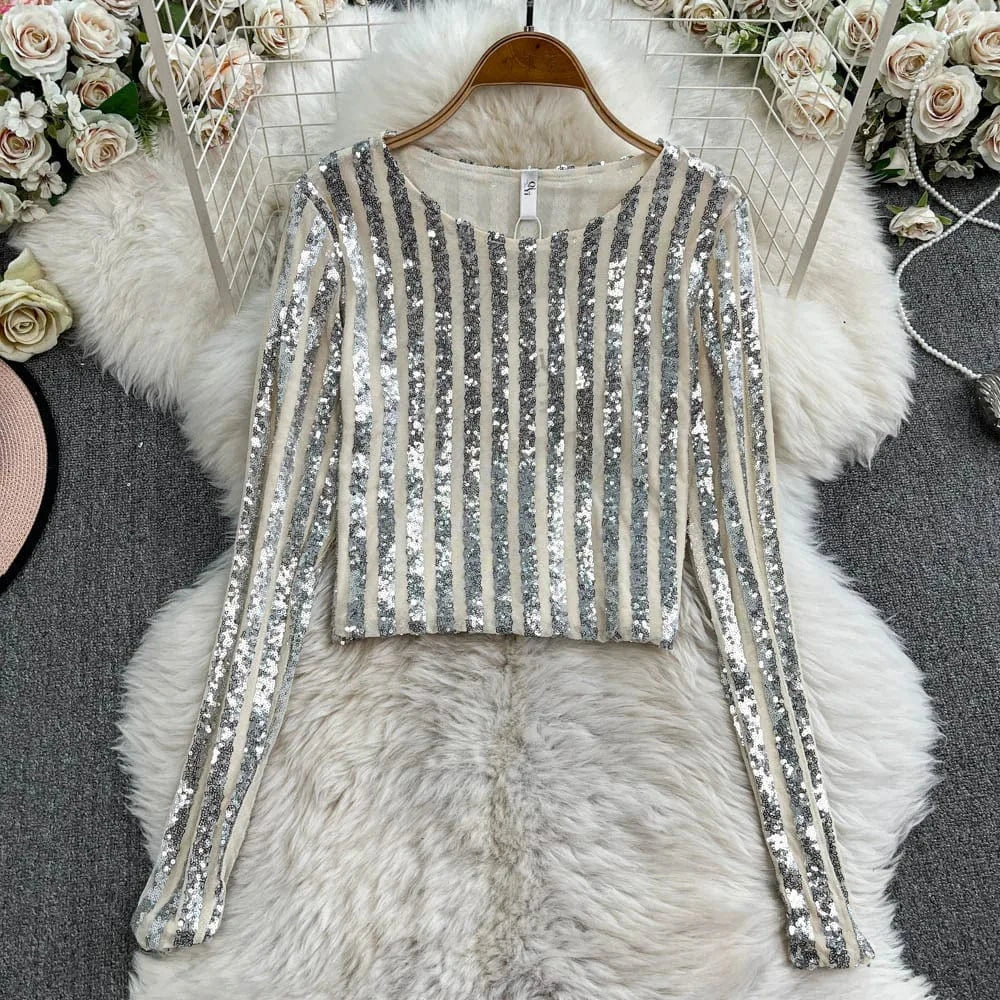 One size fits all / Apricot High-End Heavyweight Sequin Splice Me Long Sve round Ne T-irt Women's Spring Summer New Slimming Top Korean Sle