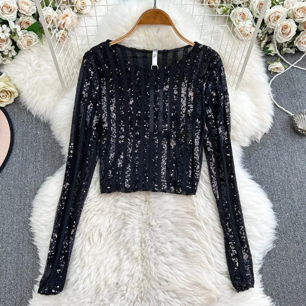 One size fits all / Black High-End Heavyweight Sequin Splice Me Long Sve round Ne T-irt Women's Spring Summer New Slimming Top Korean Sle