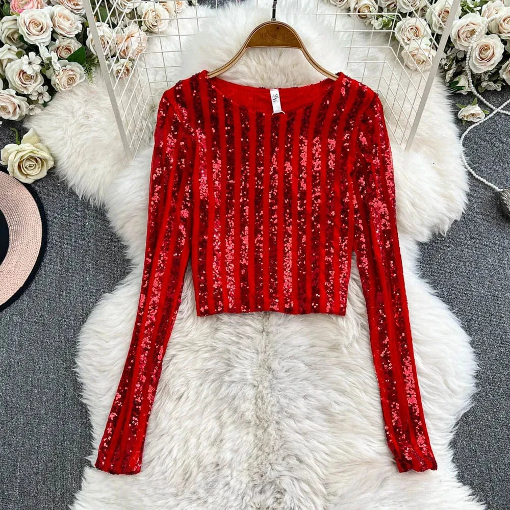 One size fits all / Red High-End Heavyweight Sequin Splice Me Long Sve round Ne T-irt Women's Spring Summer New Slimming Top Korean Sle
