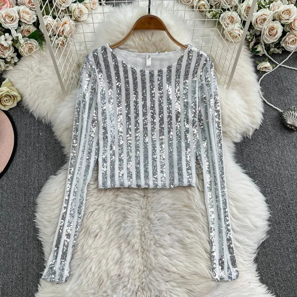 One size fits all / Silver High-End Heavyweight Sequin Splice Me Long Sve round Ne T-irt Women's Spring Summer New Slimming Top Korean Sle