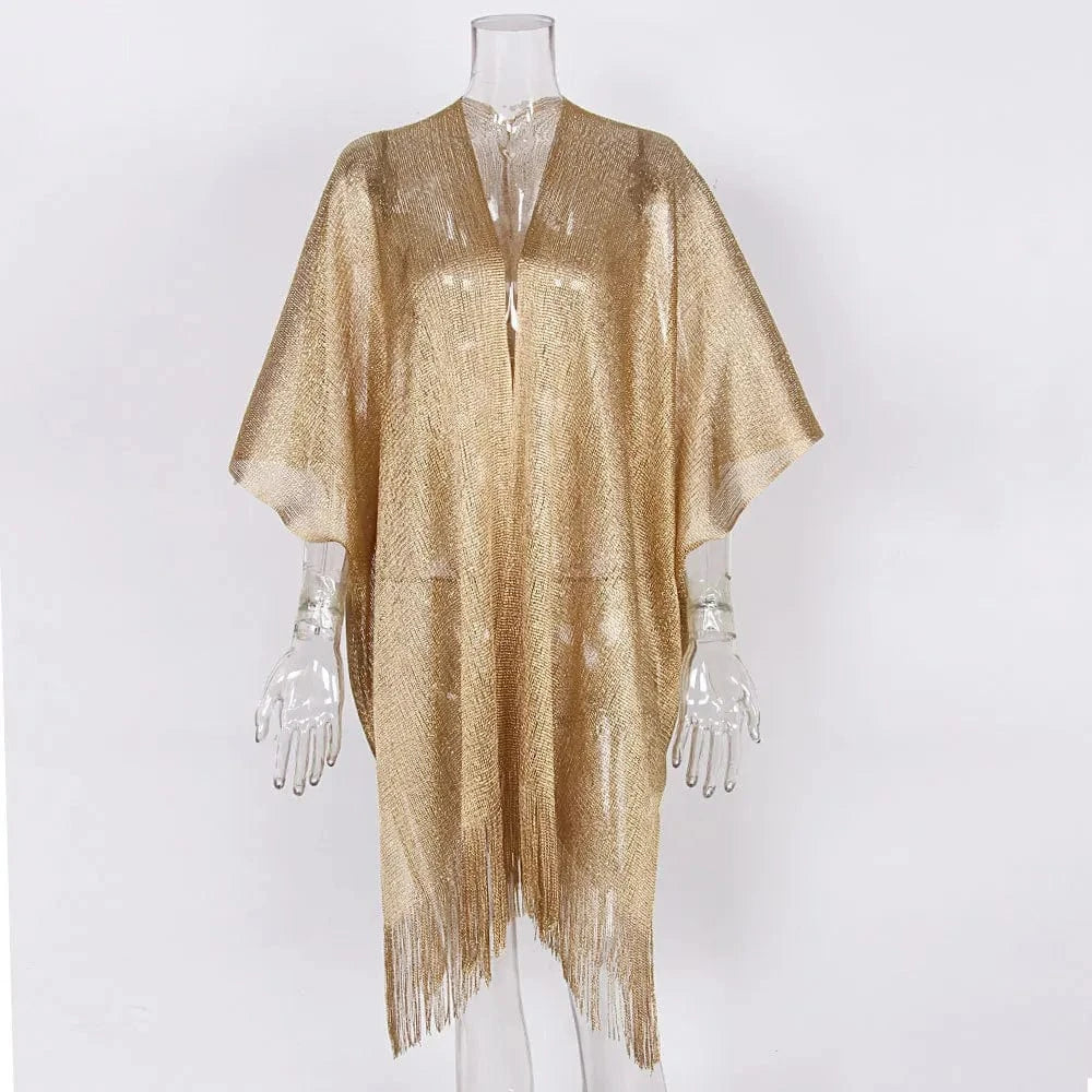 One size / Golden RedPeony Beachwear Female Women Cover-ups Beach Dress Sexy Fringe Tassel Mesh Sheer Shiny Knitted Tunic Beach Cover Up