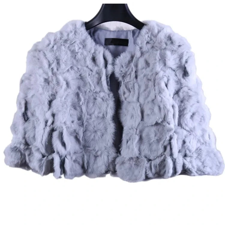 one size / Gray Wholesale New Design Rose Knitted O-Neck Trench Real Rabbit Fur Coats