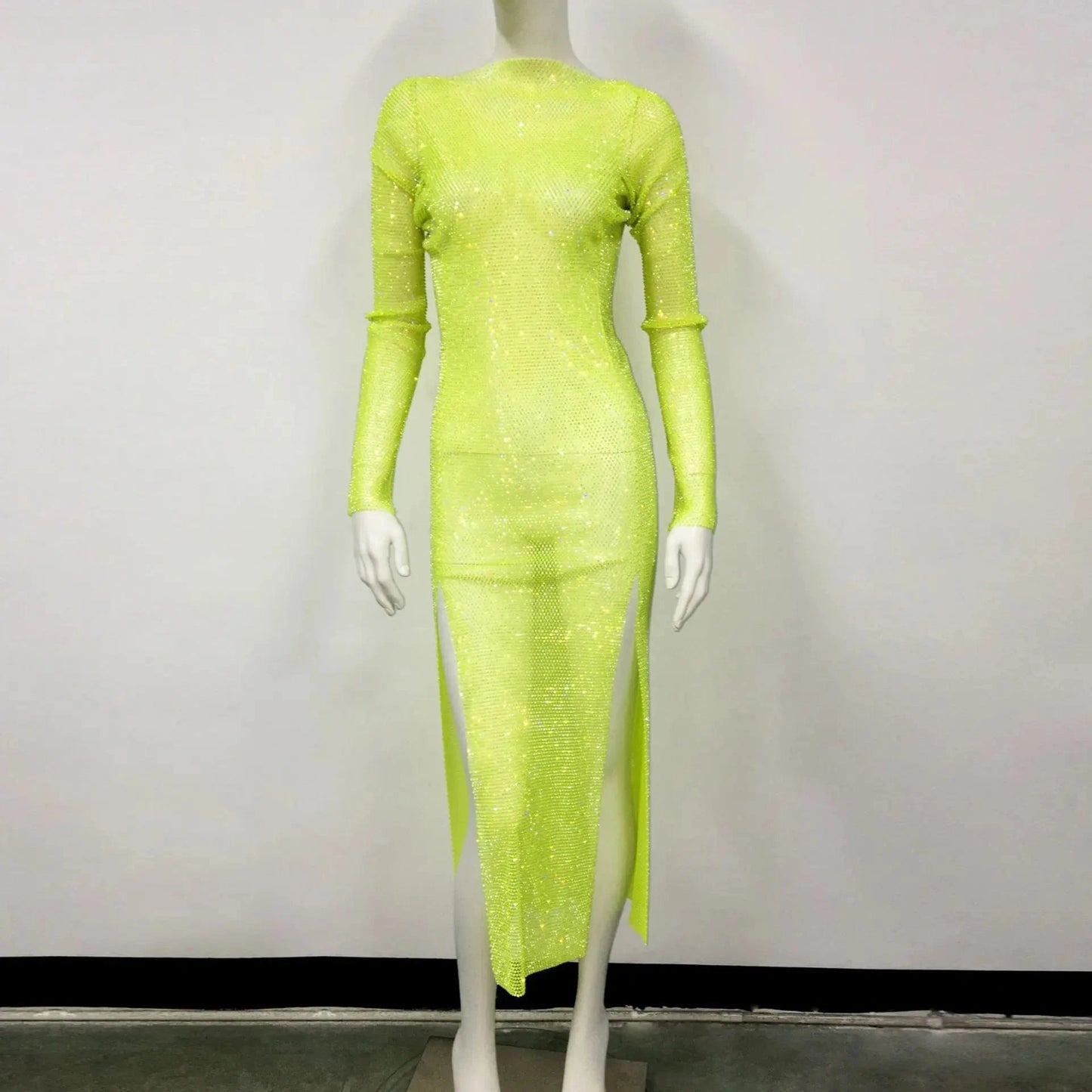 one size / Green 2023 ladies long sleeve black birthday luxury crystal sexy mesh dress rhinestones diamond wedding party midi dresses for women