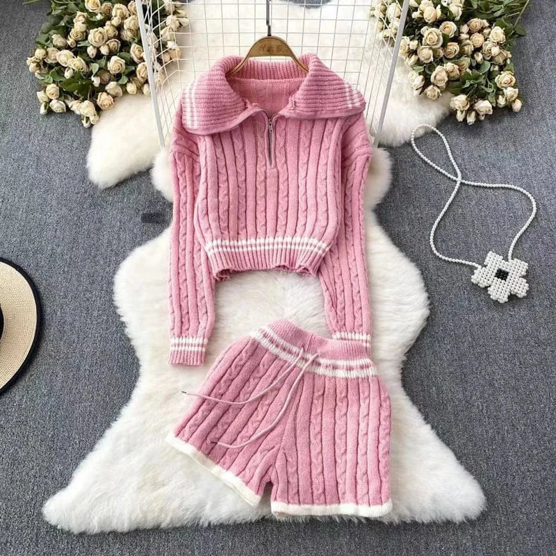 One Size / Pink Sweater Vendors Fall Winter 2024 Women Clothing Sweater Outfit 2 Piece Set Trendy Two Piece Cozy Knit Sweater Top and Shorts Set