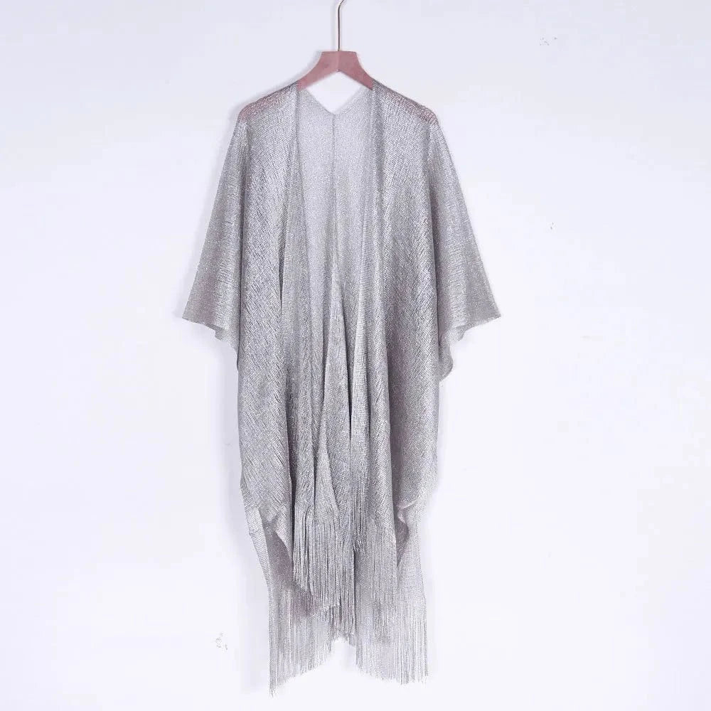 One size / silver RedPeony Beachwear Female Women Cover-ups Beach Dress Sexy Fringe Tassel Mesh Sheer Shiny Knitted Tunic Beach Cover Up