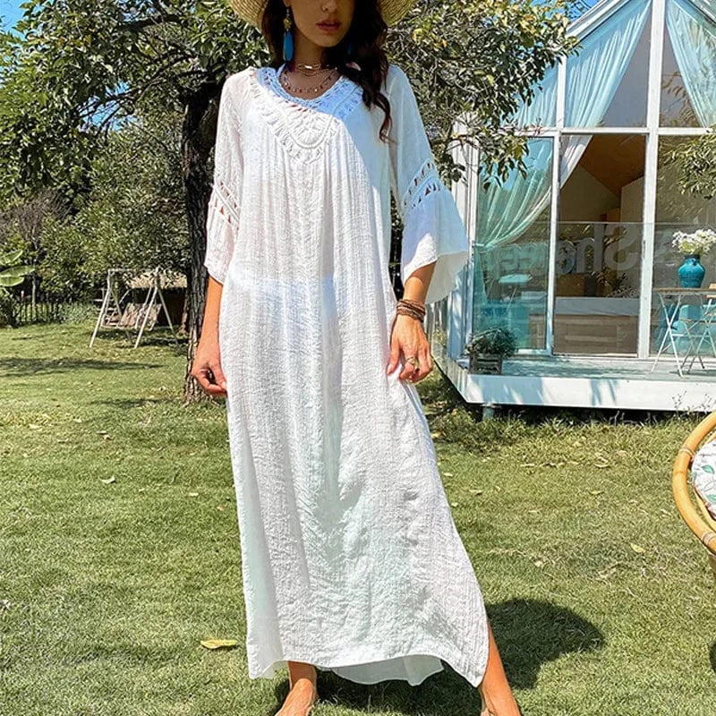 One size / White Hot sale loose split white see-through hollow out dress beach vacation blouse maxi casual boho dress
