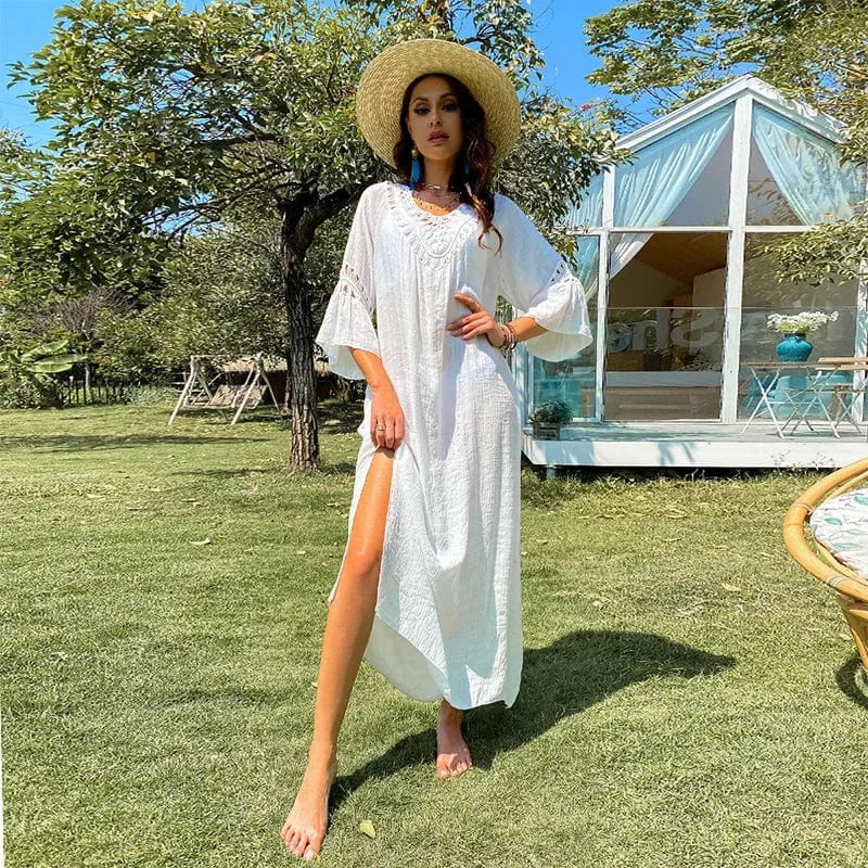 One size / White Hot sale loose split white see-through hollow out dress beach vacation blouse maxi casual boho dress