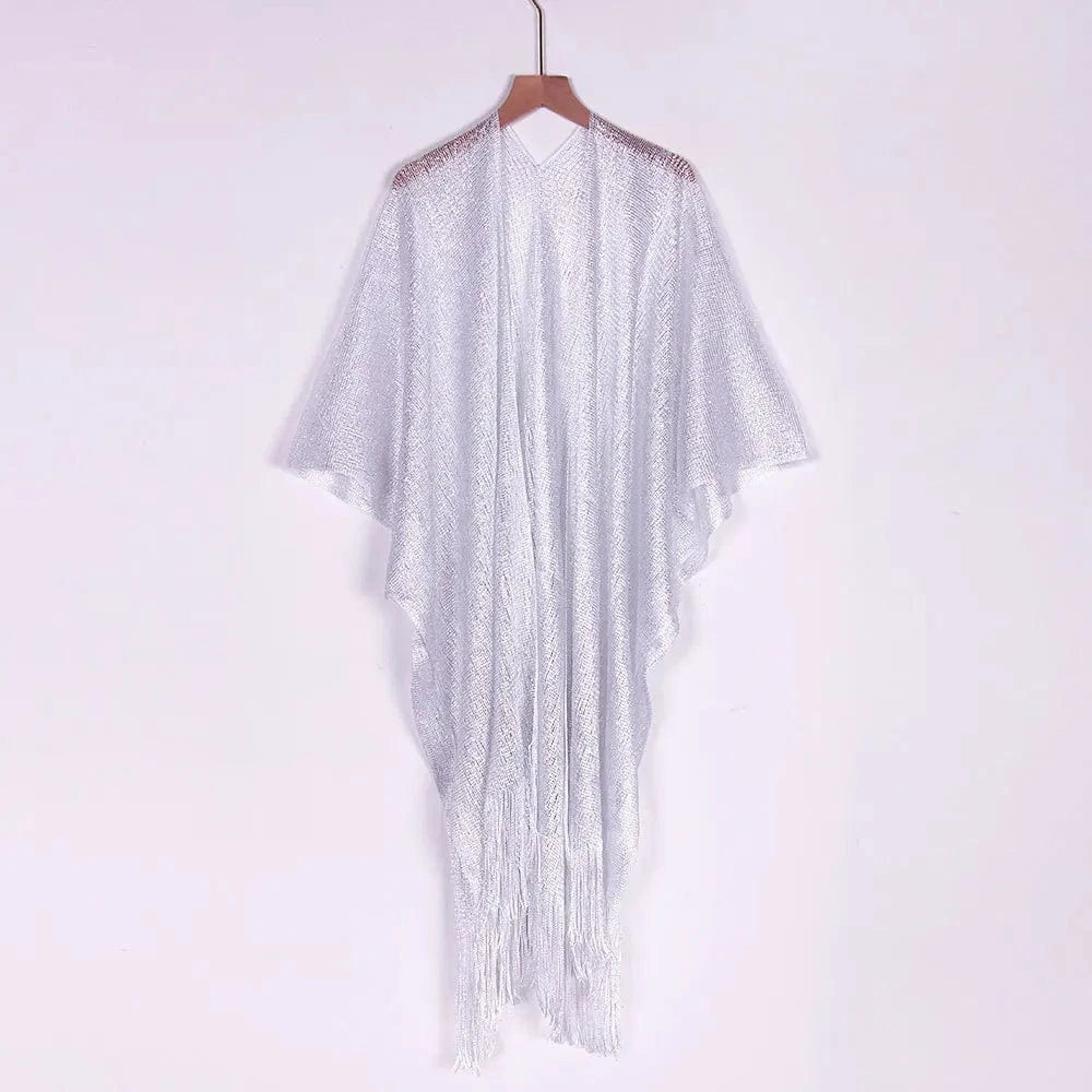 One size / White RedPeony Beachwear Female Women Cover-ups Beach Dress Sexy Fringe Tassel Mesh Sheer Shiny Knitted Tunic Beach Cover Up