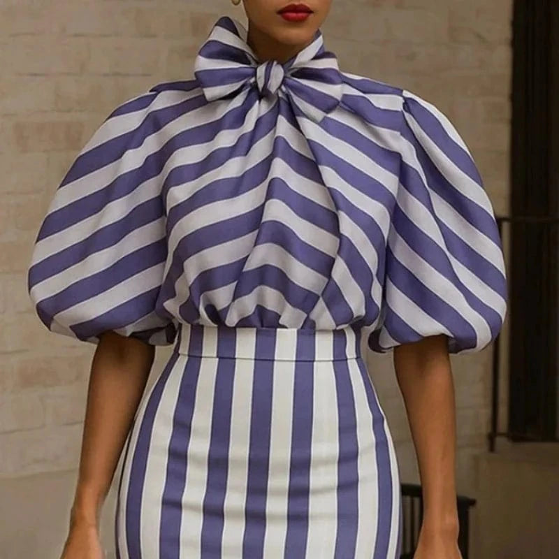 Only Tops / S Beautyblue Blue Striped Shirts for Women Commuter Blouses 2025 Elegant Loose Bow Tie Puff Sleeves Bowknot High Neck Female Tops