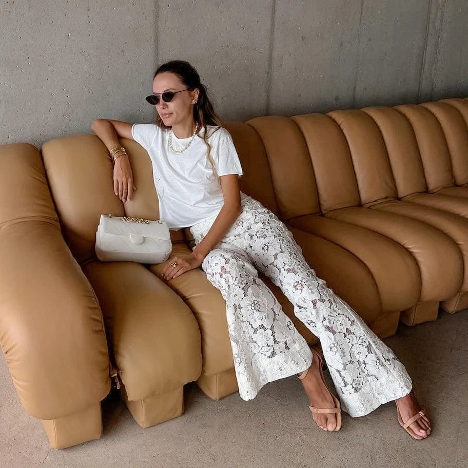 OOTN White Printed High Waist Straight Legg Women Patchwork HOIIOW Out Fashion See-Through Lace Womens Pants Summer Clothes