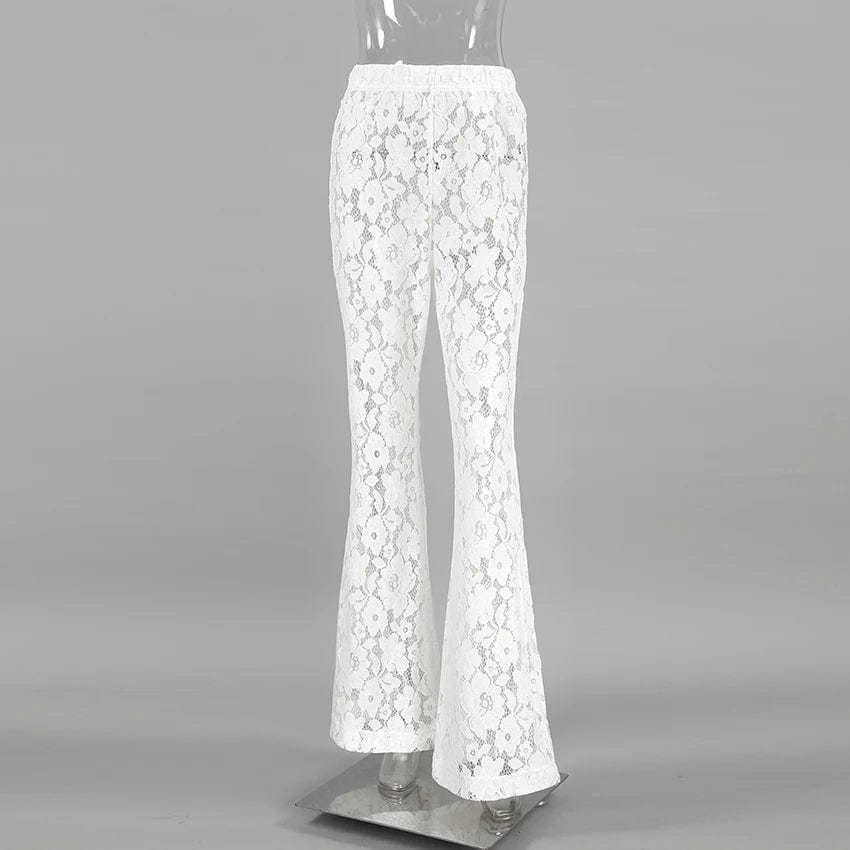 OOTN White Printed High Waist Straight Legg Women Patchwork HOIIOW Out Fashion See-Through Lace Womens Pants Summer Clothes