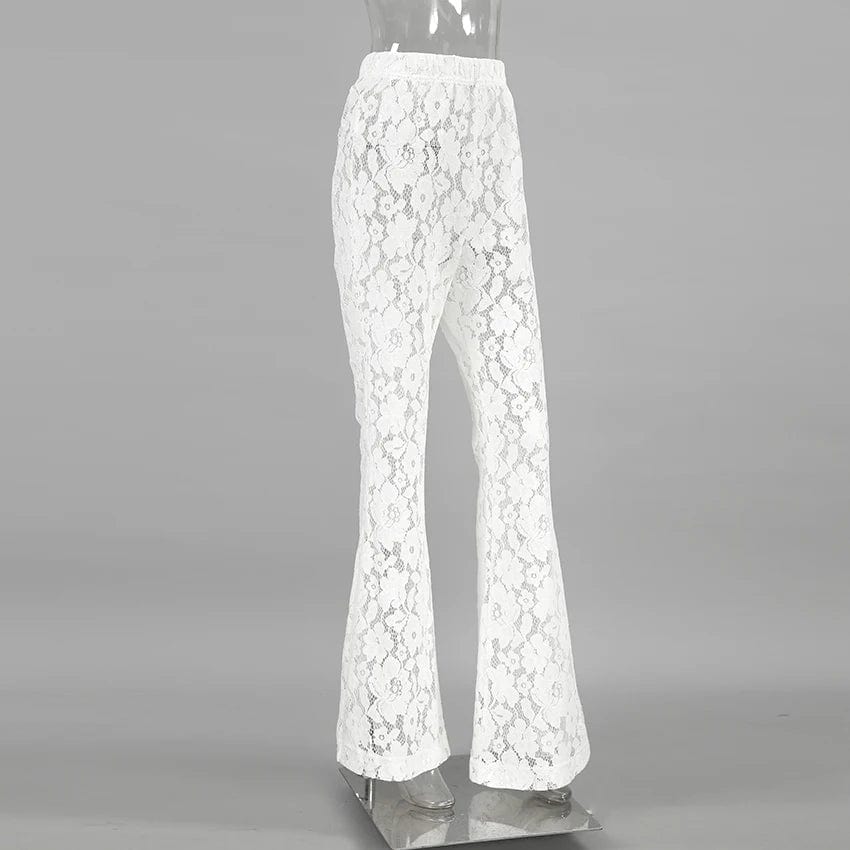 OOTN White Printed High Waist Straight Legg Women Patchwork HOIIOW Out Fashion See-Through Lace Womens Pants Summer Clothes