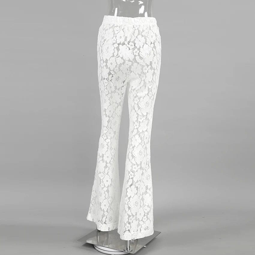 OOTN White Printed High Waist Straight Legg Women Patchwork HOIIOW Out Fashion See-Through Lace Womens Pants Summer Clothes