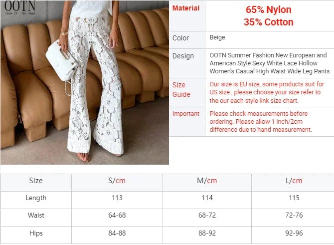 OOTN White Printed High Waist Straight Legg Women Patchwork HOIIOW Out Fashion See-Through Lace Womens Pants Summer Clothes