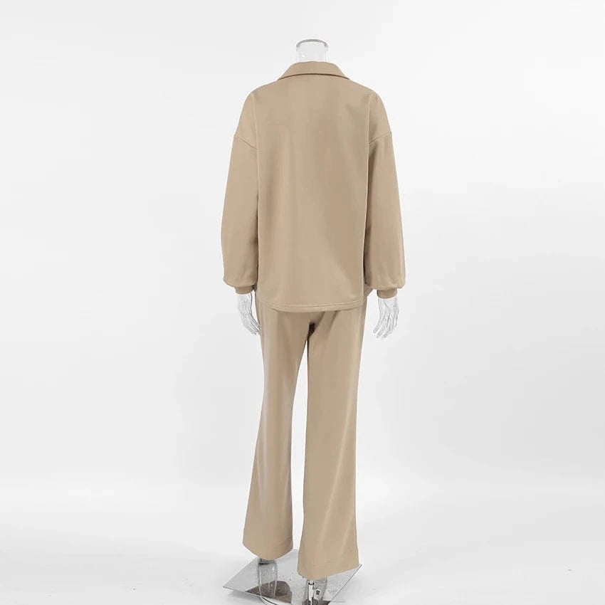 OOTN Women's Autumn Casual Khaki Set Lapel Long Sleeve Pullover With Zip and Elasticated Trousers Two Piece Winter Streetwear