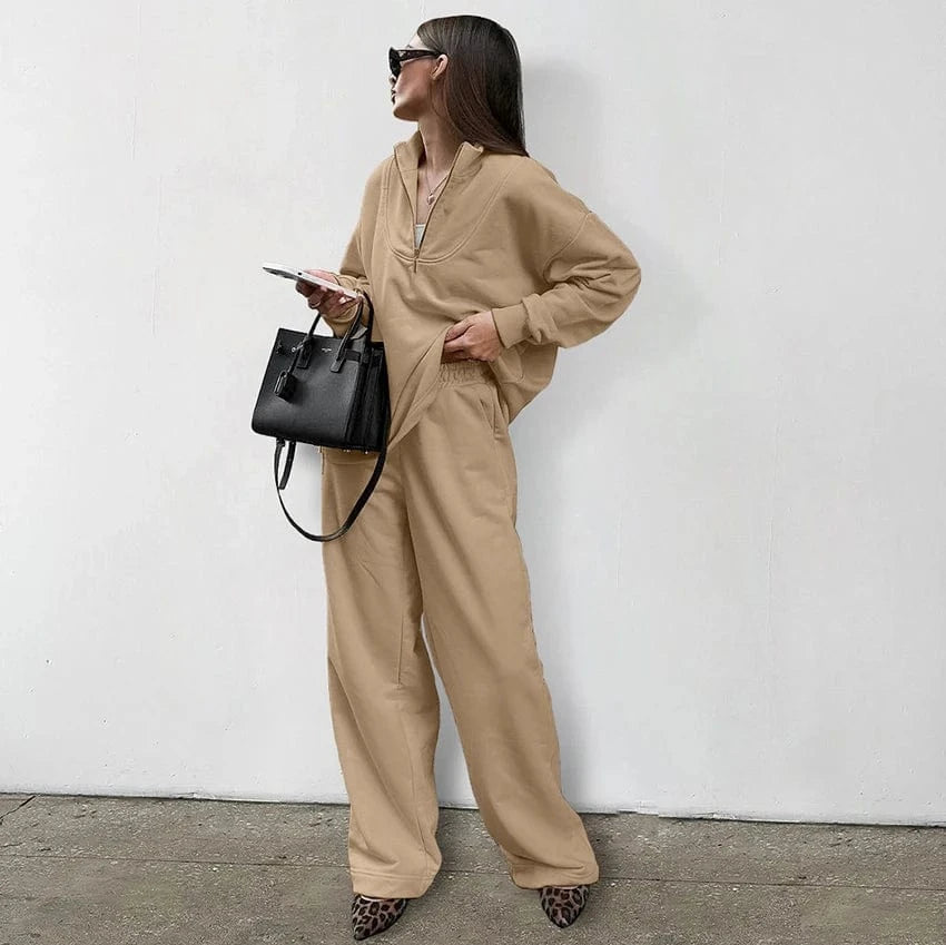 OOTN Women's Autumn Casual Khaki Set Lapel Long Sleeve Pullover With Zip and Elasticated Trousers Two Piece Winter Streetwear