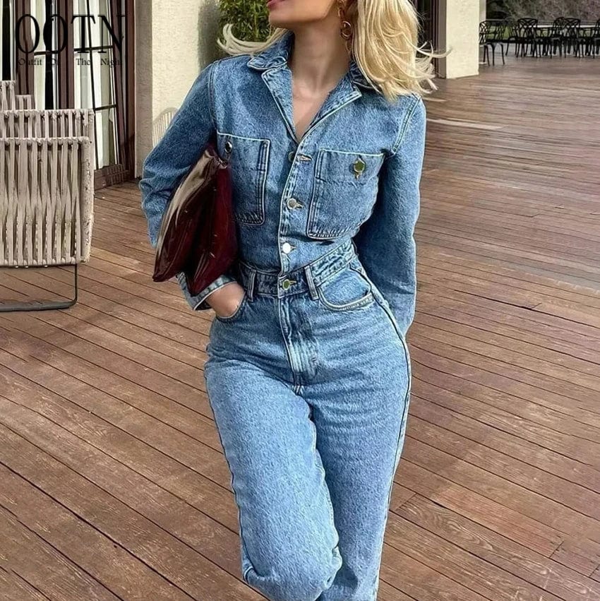 OOTN Y2k Streetwear 2023 Turn Down Collar Vintage Female Woman Jean Overalls Long Sleeve Elegant Jumpsuits Women Denim Jumpsuit