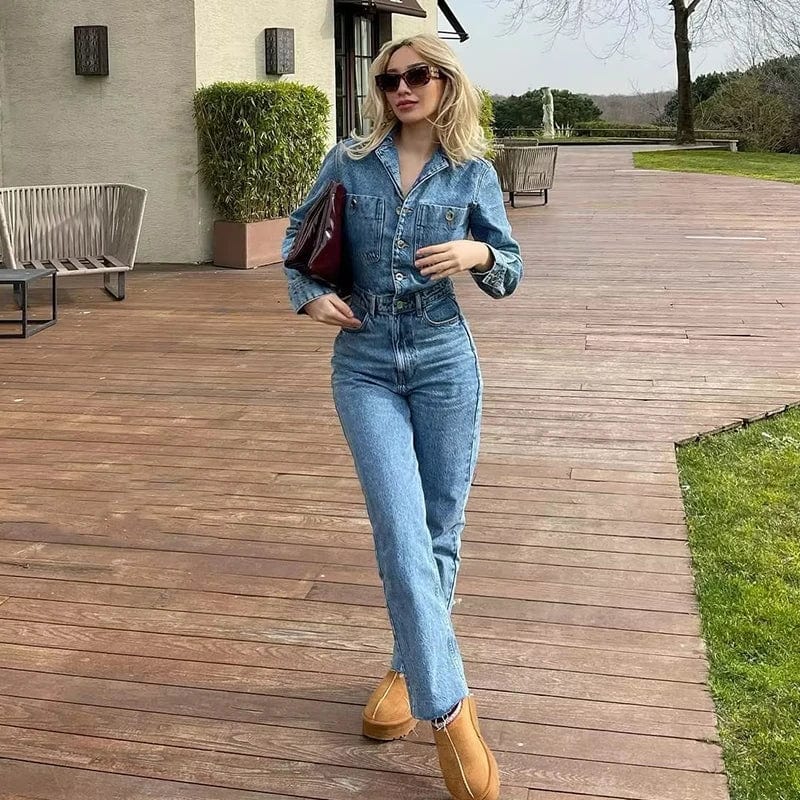 OOTN Y2k Streetwear 2023 Turn Down Collar Vintage Female Woman Jean Overalls Long Sleeve Elegant Jumpsuits Women Denim Jumpsuit