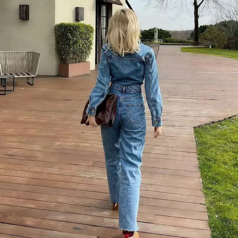 OOTN Y2k Streetwear 2023 Turn Down Collar Vintage Female Woman Jean Overalls Long Sleeve Elegant Jumpsuits Women Denim Jumpsuit