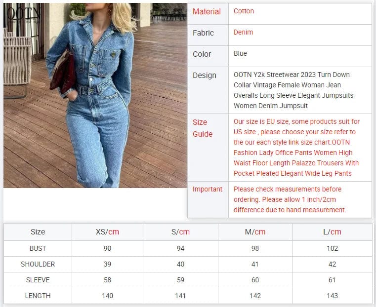 OOTN Y2k Streetwear 2023 Turn Down Collar Vintage Female Woman Jean Overalls Long Sleeve Elegant Jumpsuits Women Denim Jumpsuit