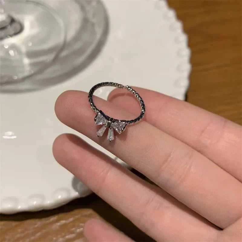 Open / As pic / J777 silver Luxury Zircon Heart Rings Opening Adjustable Weave Rhinestone Ring Engagement Wedding Jewelry Fashion for Women Girlfriend Gifts