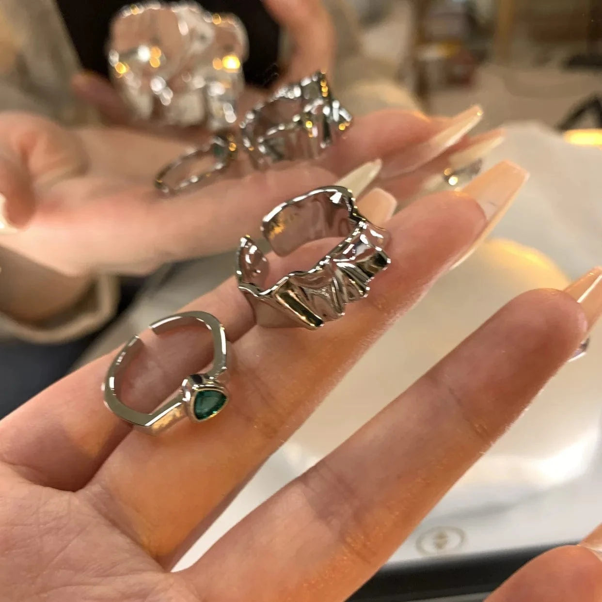 Open / As pic / J782 Luxury Zircon Heart Rings Opening Adjustable Weave Rhinestone Ring Engagement Wedding Jewelry Fashion for Women Girlfriend Gifts