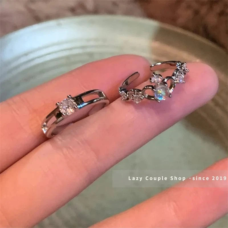 Open / As pic / J786 silver Luxury Zircon Heart Rings Opening Adjustable Weave Rhinestone Ring Engagement Wedding Jewelry Fashion for Women Girlfriend Gifts