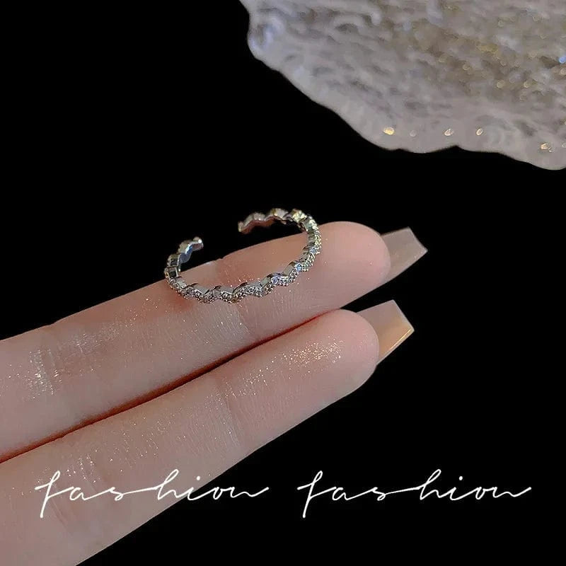 Open / As pic / J797 Luxury Zircon Heart Rings Opening Adjustable Weave Rhinestone Ring Engagement Wedding Jewelry Fashion for Women Girlfriend Gifts