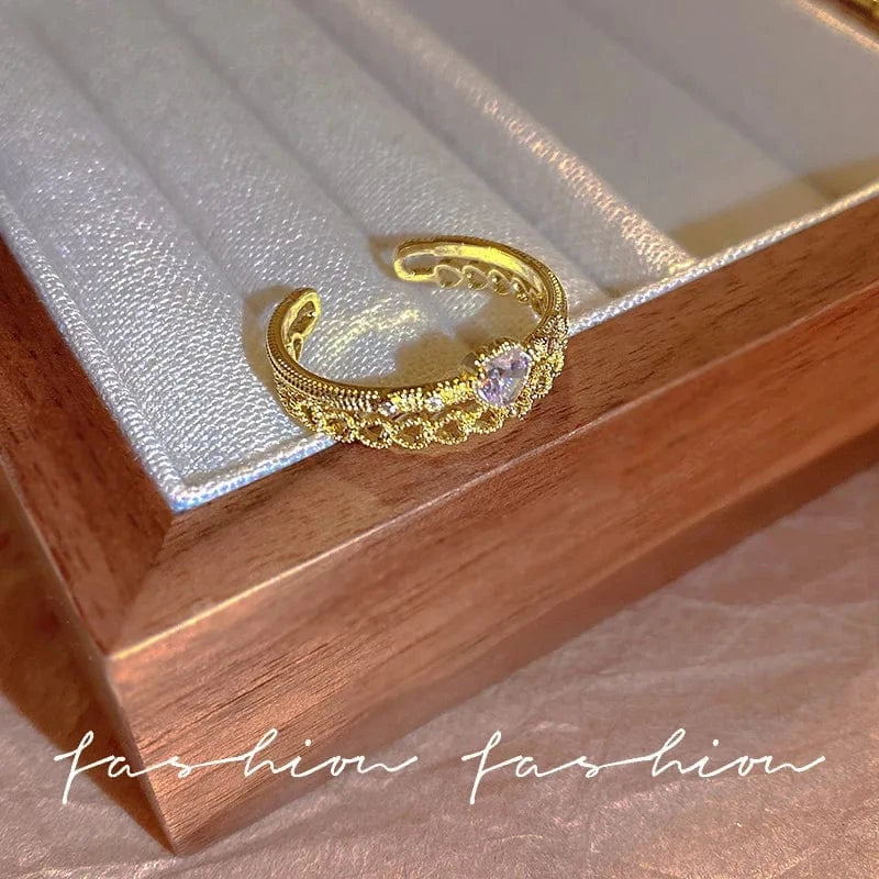 Open / As pic / J819 Luxury Zircon Heart Rings Opening Adjustable Weave Rhinestone Ring Engagement Wedding Jewelry Fashion for Women Girlfriend Gifts