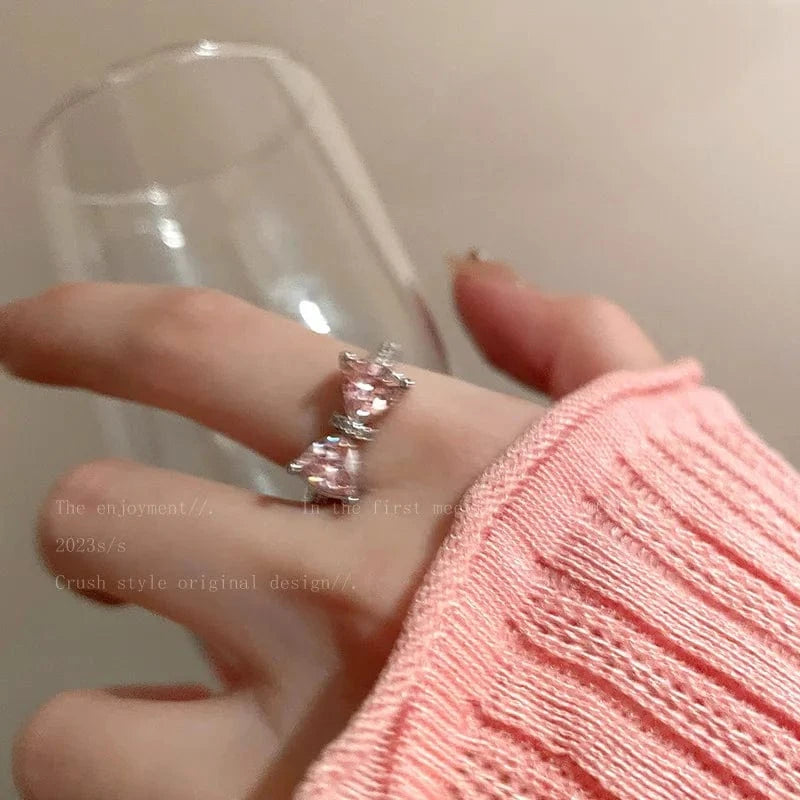 Open / As pic / J845 Luxury Zircon Heart Rings Opening Adjustable Weave Rhinestone Ring Engagement Wedding Jewelry Fashion for Women Girlfriend Gifts