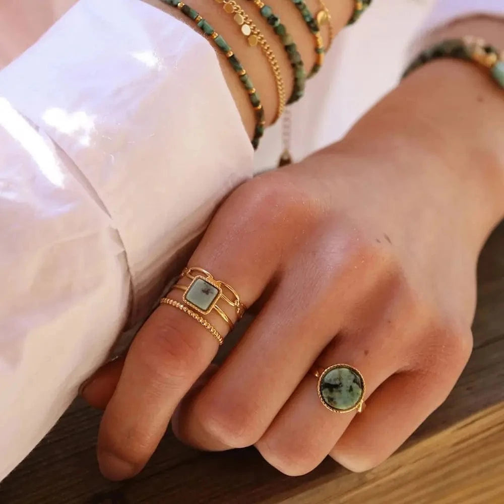 open ring / Cute / R1894 R1894 Natural African Turquoise Open Ring 18K Gold Plated Stainless Steel Circle Crown Design Adjustable Ring For Women