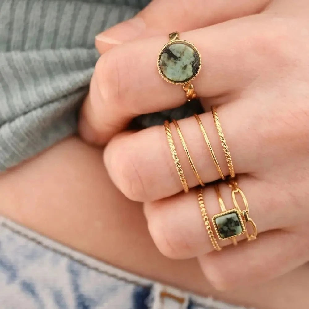 open ring / Cute / R1894 R1894 Natural African Turquoise Open Ring 18K Gold Plated Stainless Steel Circle Crown Design Adjustable Ring For Women